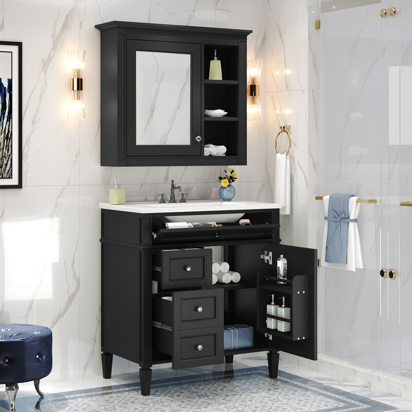 Bathroom Vanity With Medicine Cabinet, Royal Mirror Cabinet, Modern Bathroom Storage Cabinet With 2 Soft Closing Doors And 4 Drawers