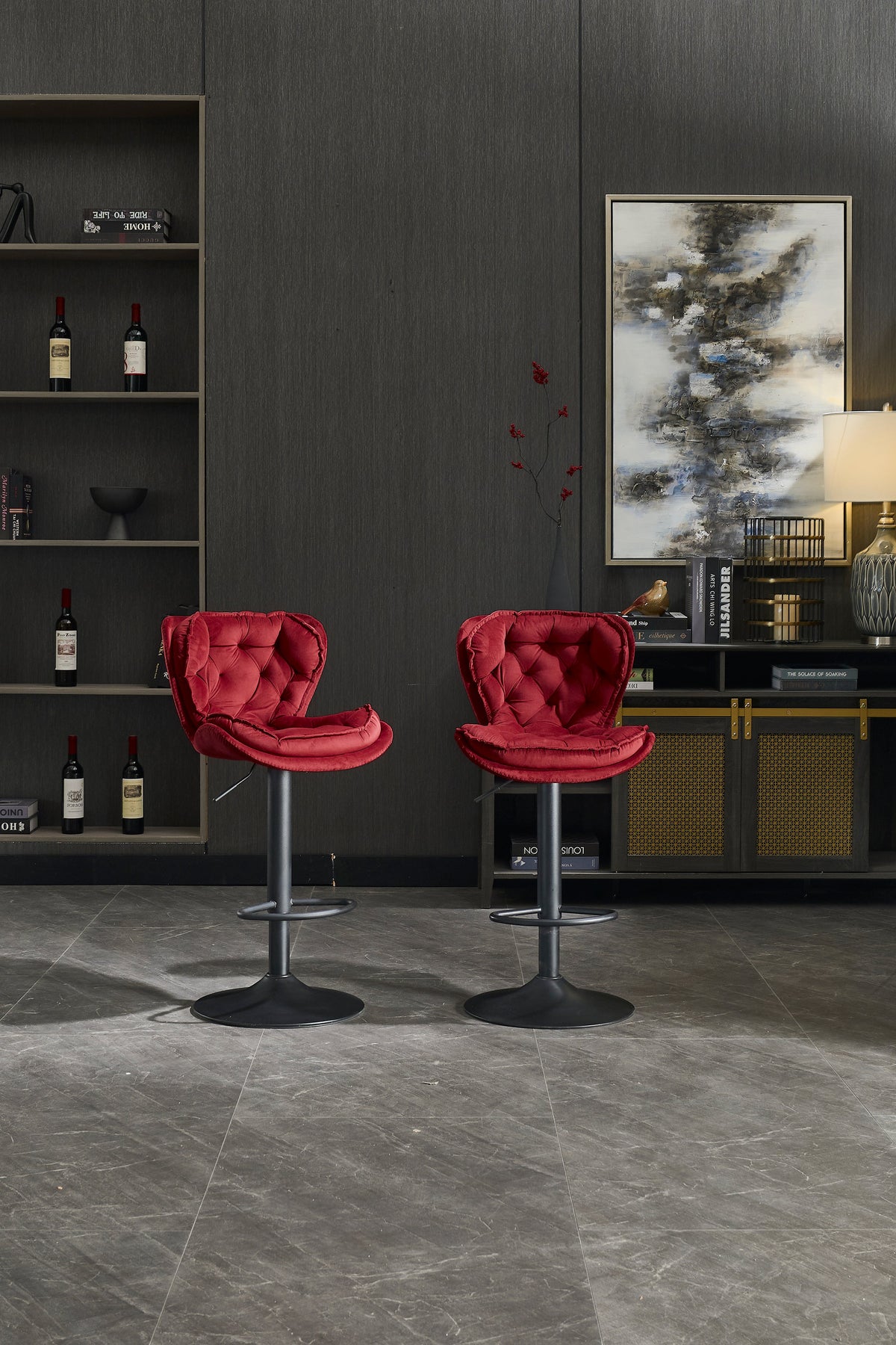 Set of 2 Bar Stools with Powder Footrest and Base
