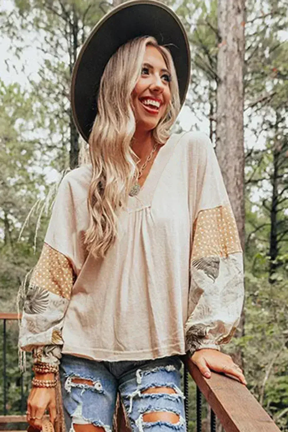 Puff Sleeve Patchwork Blouse - Tropical Print Top | Femstylo