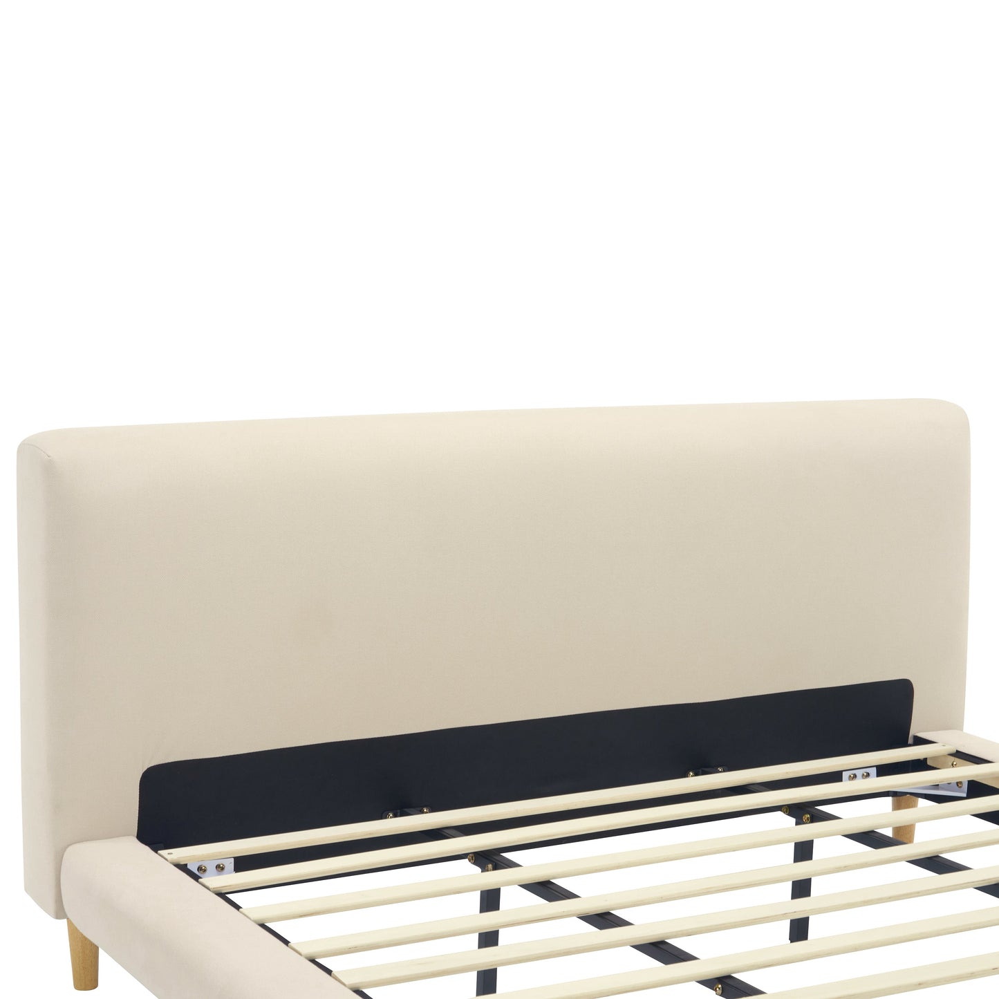 Beige Chunky Headboard Bed Frame with Solid Rubberwood Legs, Cal-King
