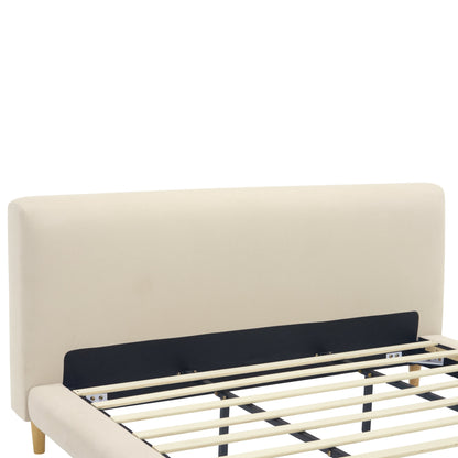 Beige Chunky Headboard Bed Frame with Solid Rubberwood Legs, Cal-King