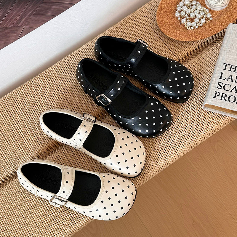Black Round Toe Retro Polka Dot Shallow Mouth Flat Sole Single Shoe Women's Summer 2026 New Style Hundred Matching Skirt Mary Jane Shoes