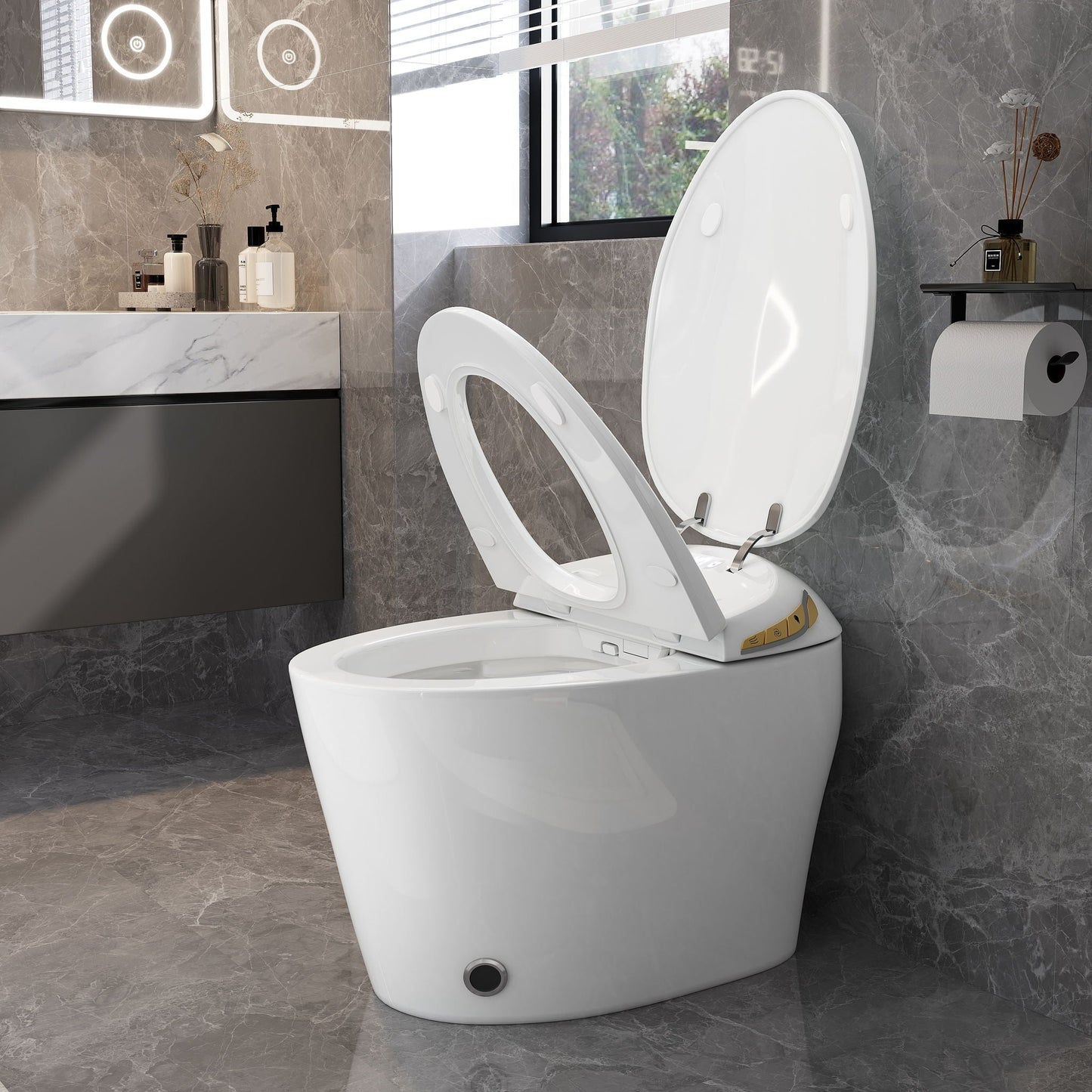 Unique Smart Toile With Built In Bidet, Auto Open / Close Seat, Foot Sensor, LED Display, Night Light, Warm Water & Dryer Ceramic