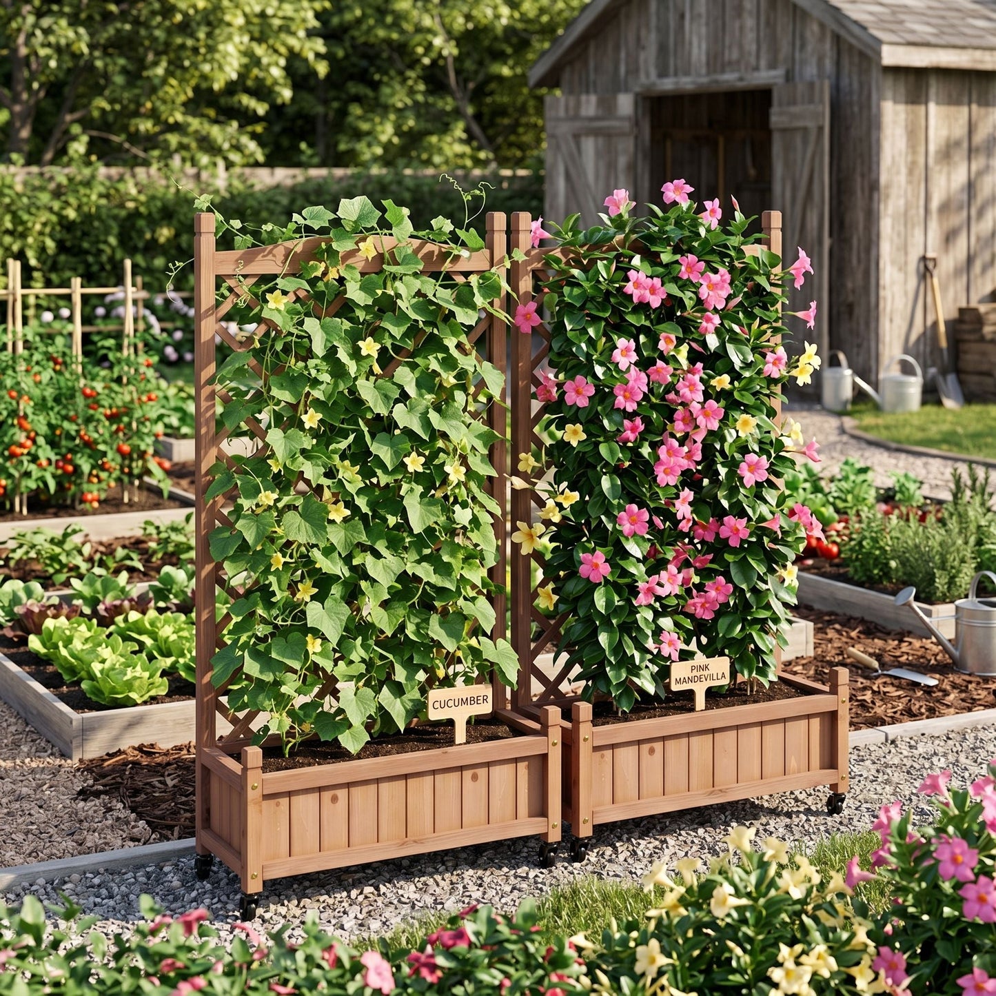 Raised Garden Bed With Trellis 2 Pack, Outdoor Planter Box & Plant Stand With Climbing Racks - Brown
