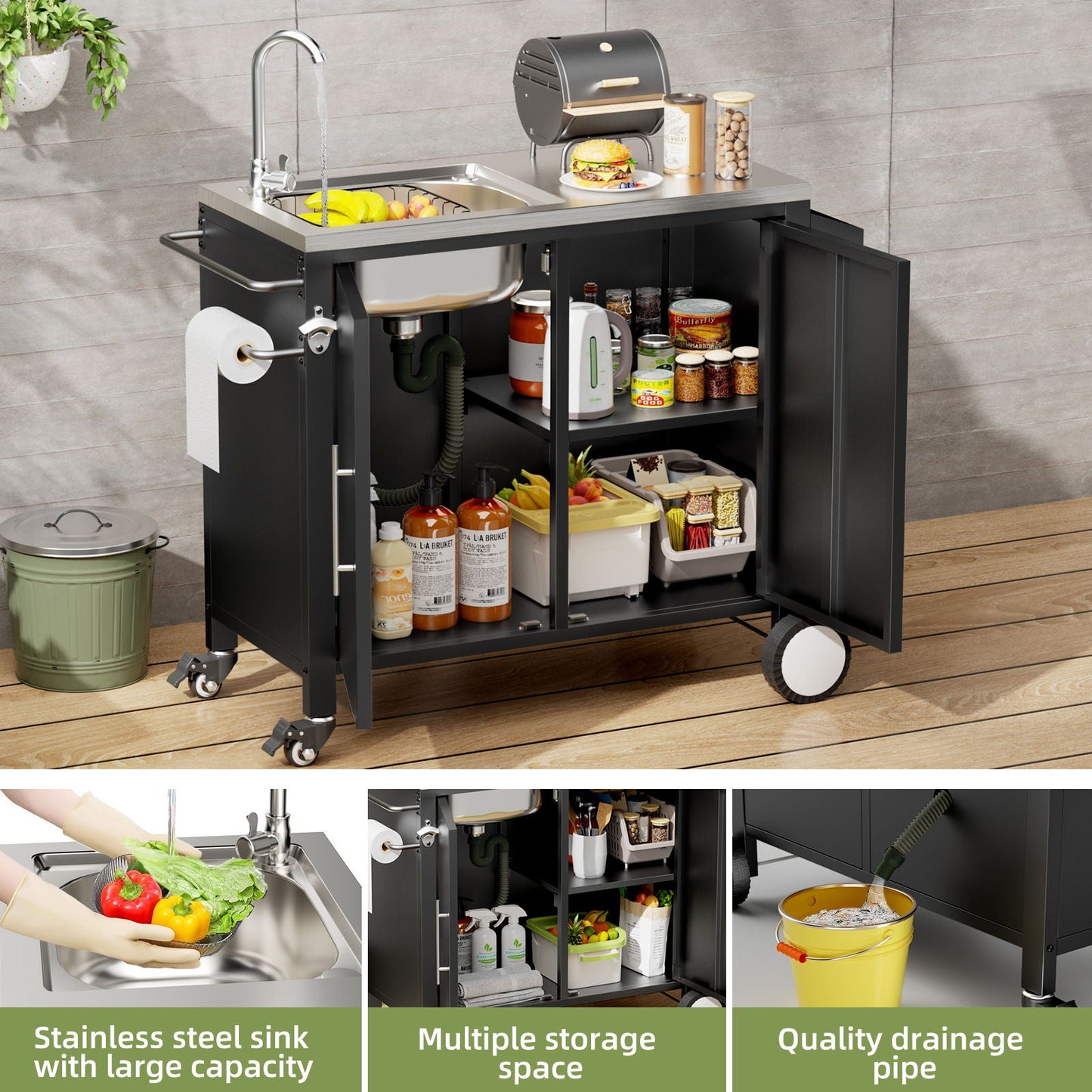Outdoor Grill Table With Sink, Grill Cart With Sink And Cabinet With Wheels - Black / Silver