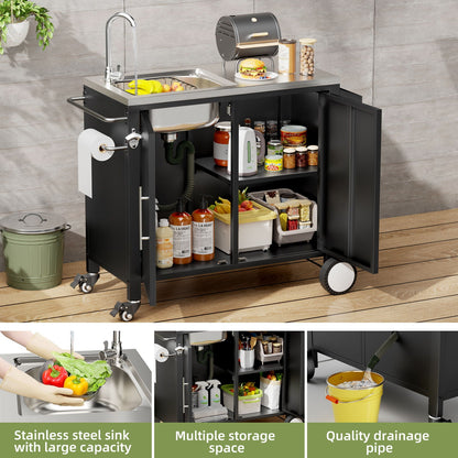 Outdoor Grill Table With Sink, Grill Cart With Sink And Cabinet With Wheels - Black / Silver