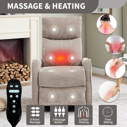 Khaki Heat Massage Manual Recliner Chair with Rocker and Swivel in Fabric for Living Room