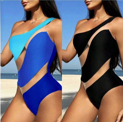 Sexy Tight Mesh Stitching Hollow Shoulder One-piece Women's Swimsuit Bikini