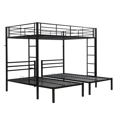 Modern Metal Triple Bunk Bed With Vertical Ladder, Safety Rail, And Storage Shelf - Black