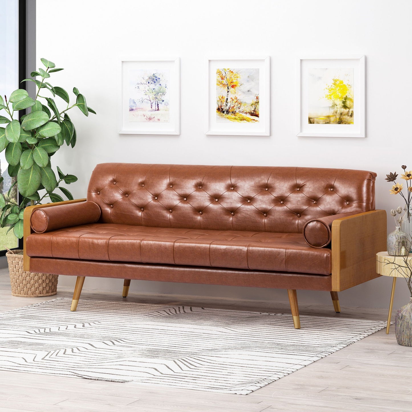 Adelaide Mid Century Modern Tufted Sofa With Rolled Accent Pillows - Light Brown