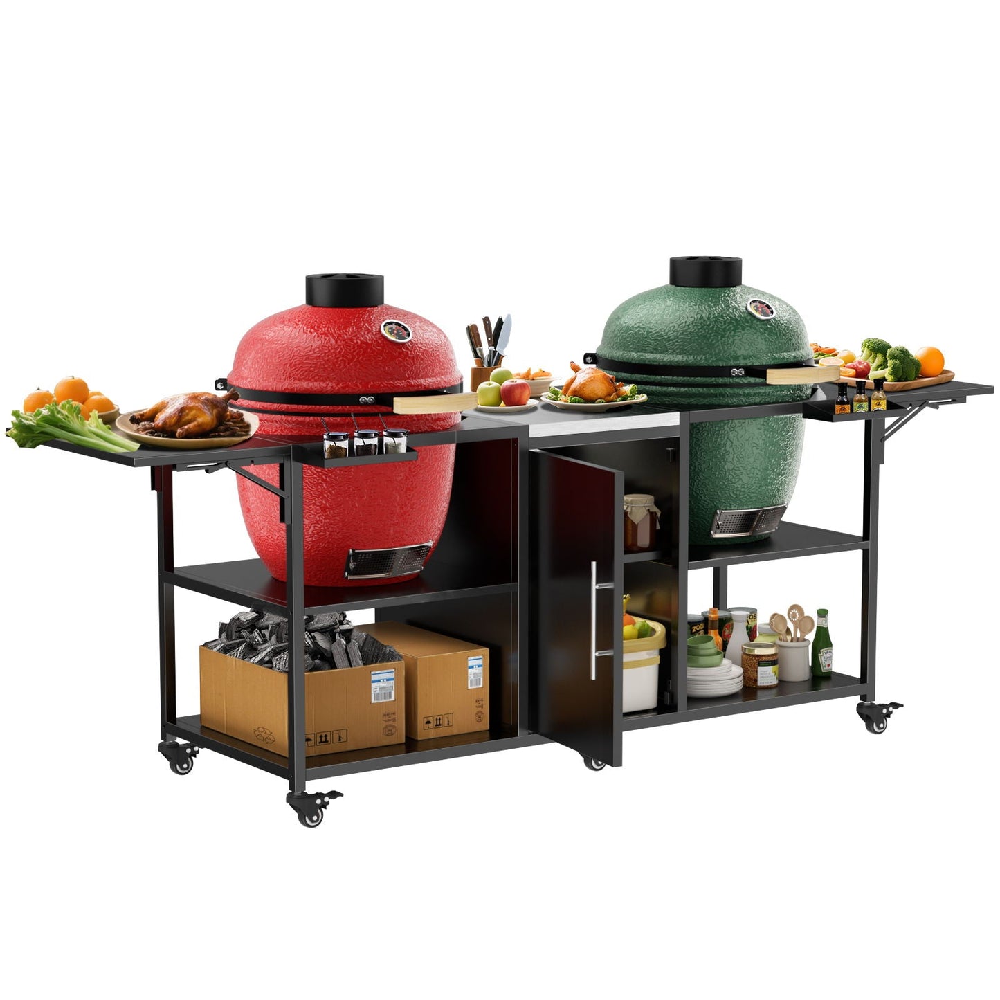 Outdoor Grill Cart For 2 Big Egg - Black / Silver
