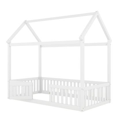 Wood House Bed With Fence And Door