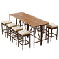 Outdoor Acacia Wood Bar Height Table and Eight Stools with Cushions