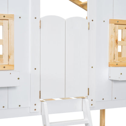 House Bunk Bed With Roof, Window, Window Box, Door, With Safety Guardrails And Ladder
