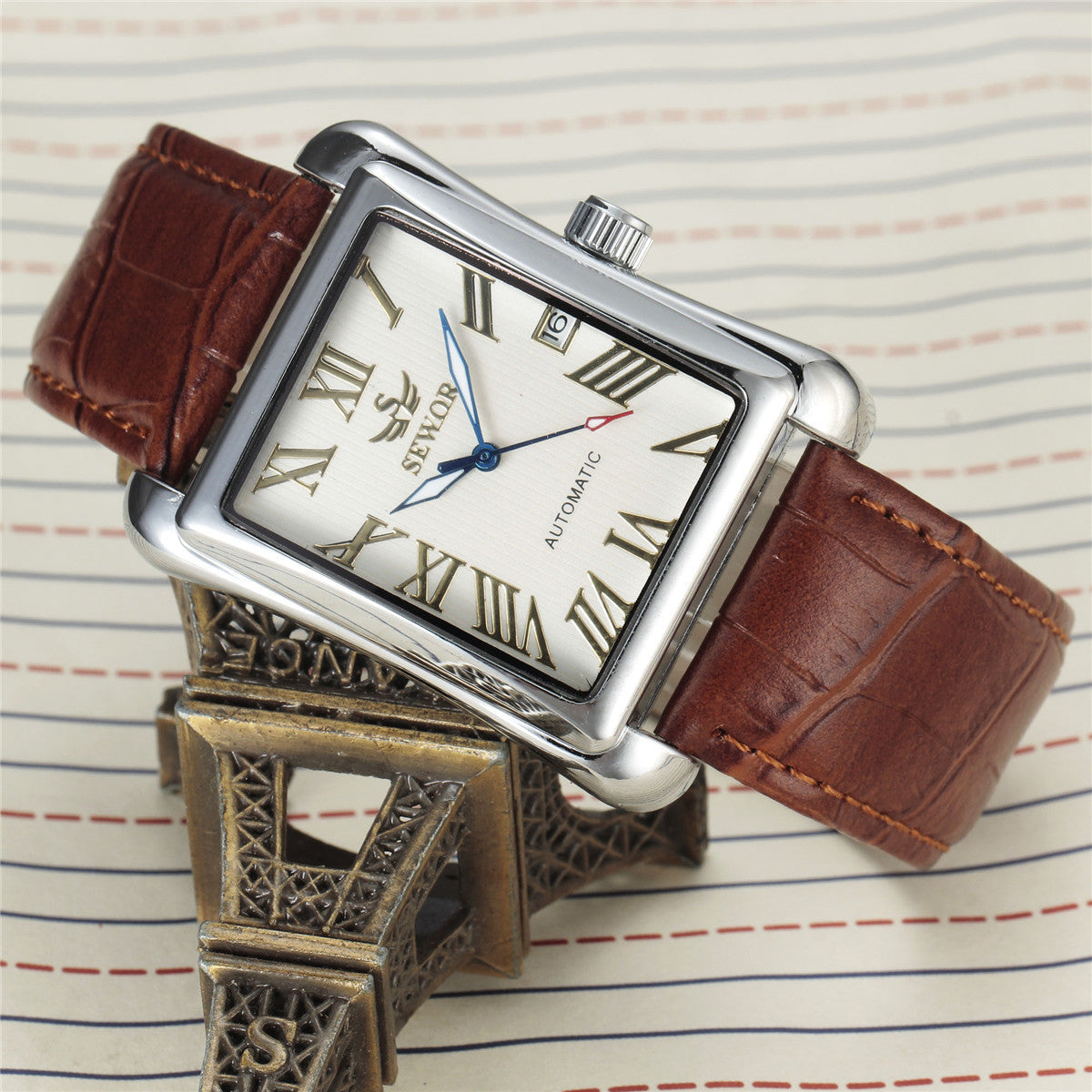 Mens Automatic Mechanical Square-case Leather-strapped Mens Watch Calendar Wristwatch