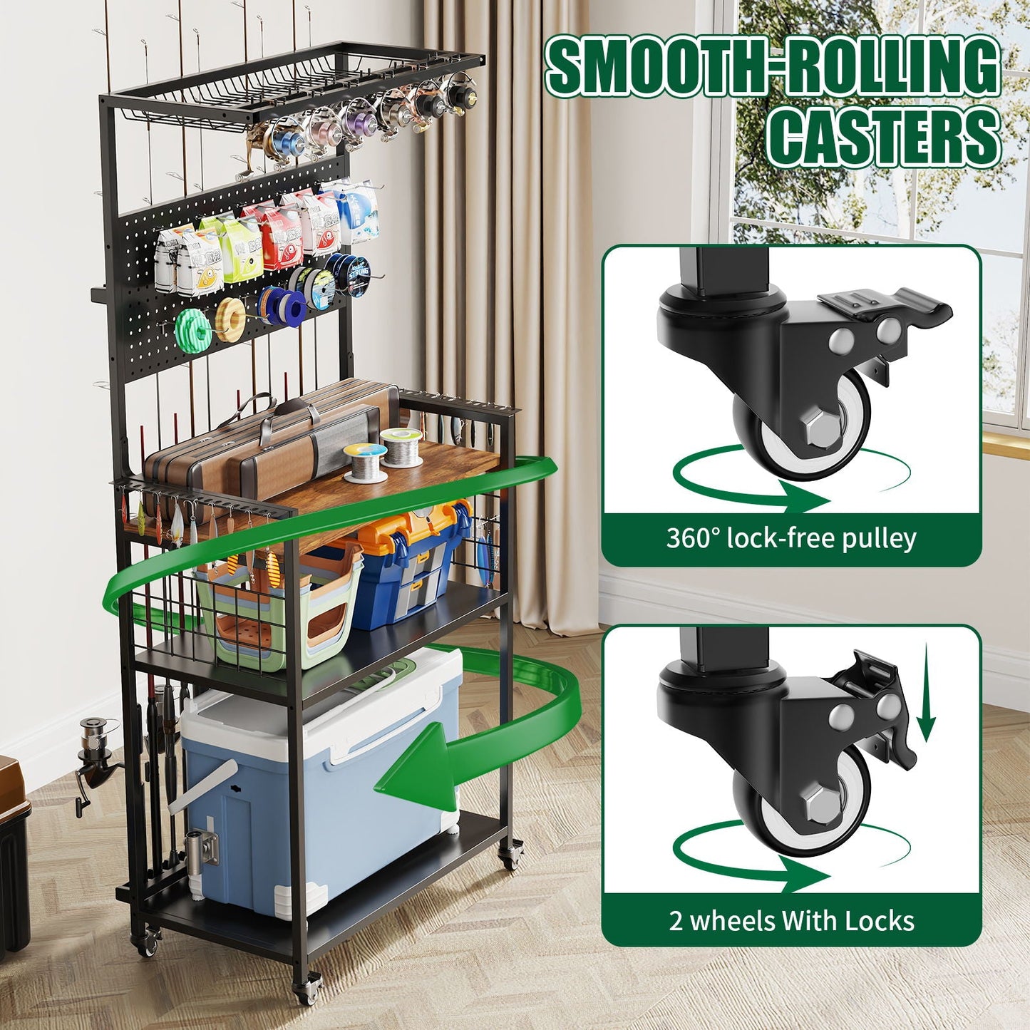 Fishing Rod Storage Rack With Pegboard, Rolling Tackle Organizer Cart - Black