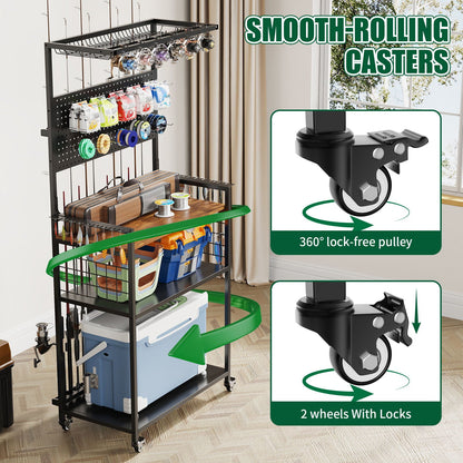 Fishing Rod Storage Rack With Pegboard, Rolling Tackle Organizer Cart - Black