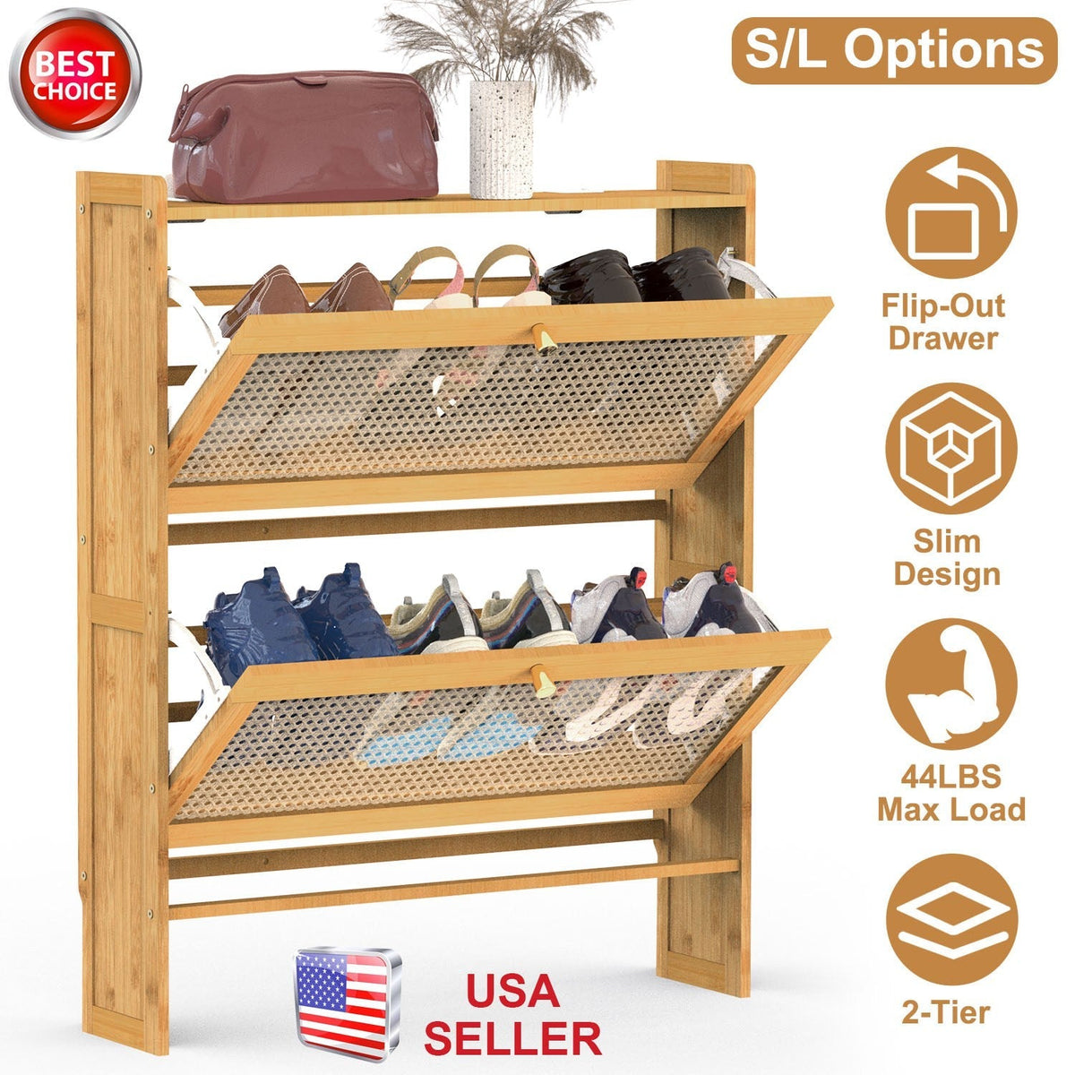 2-Tier Shoe CabinetÊwith 2 Flip Drawers Slim Bamboo Shoe Rack Freestanding Narrow Shoe Organizer with 44lbs Max Load for Entryway Hallway
