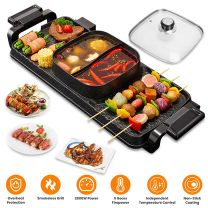 2 in 1 Electric Hot Pot with Grill 2800W Smokeless Non-Stick Korean BBQ Grill Shabu Shabu Hot Pot Combo with Independent Temperature Control 5 Gears F