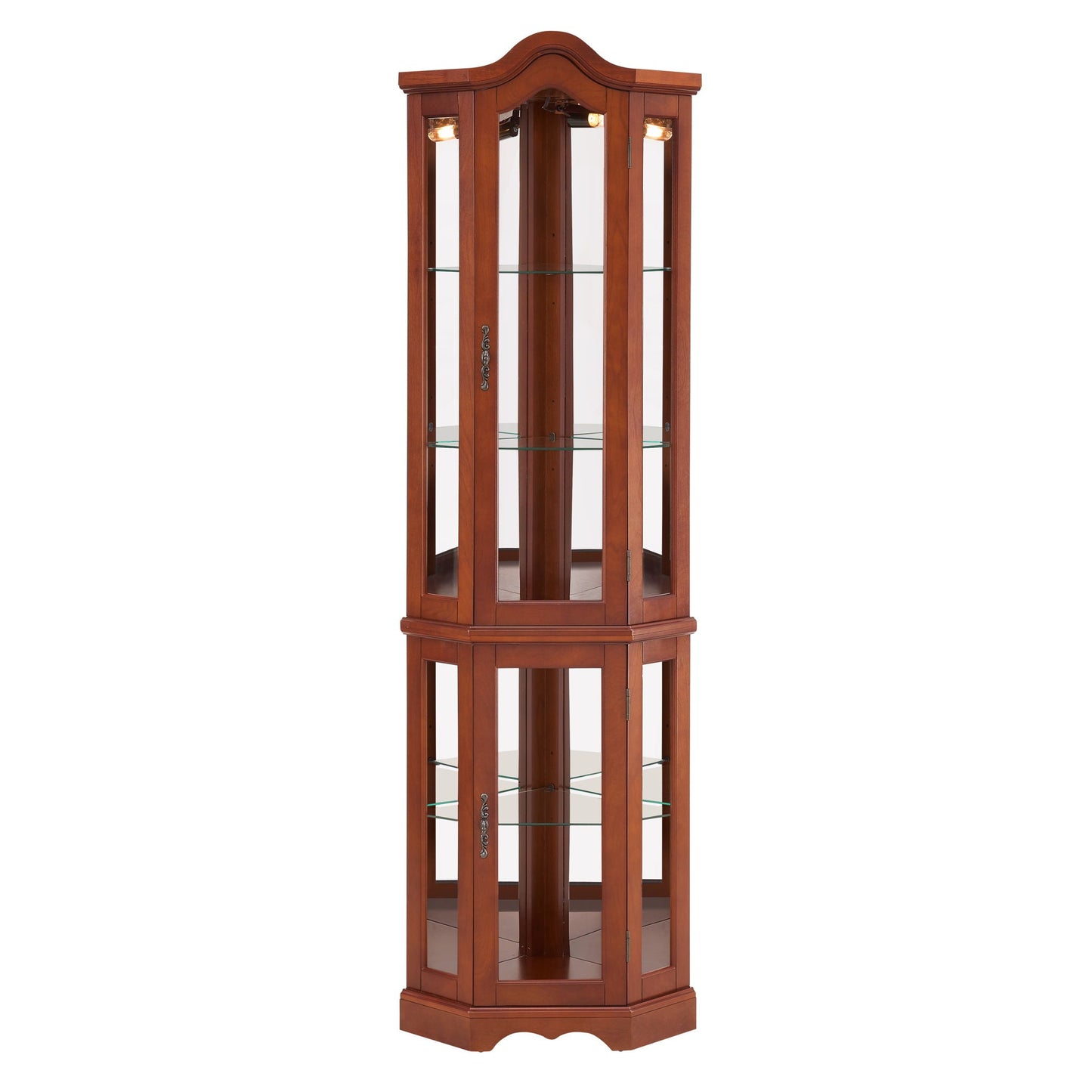 Corner Curio Cabinet With Lights, Adjustable Shelves, Mirrored Back - Walnut