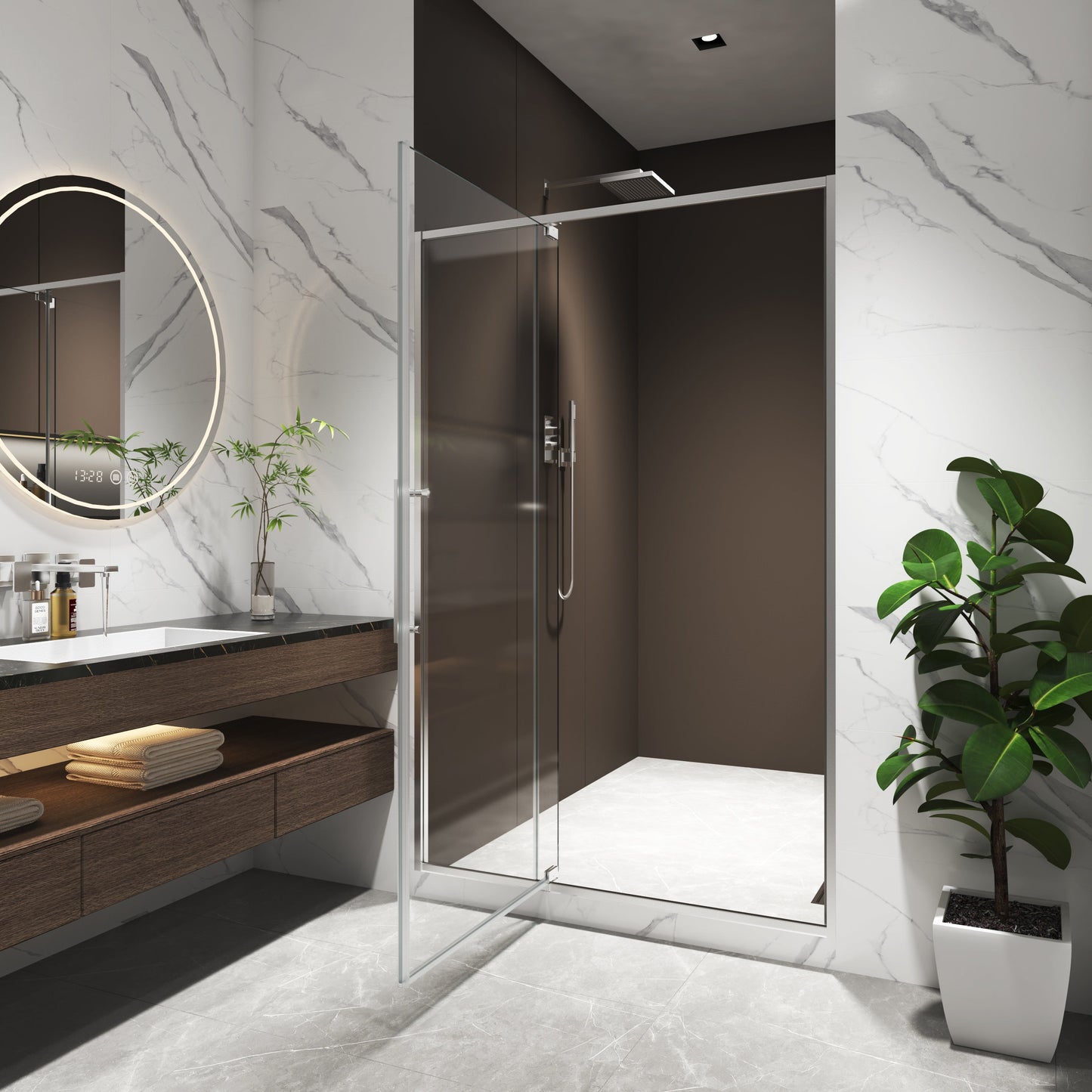 44-48"W x 74"H Pivot Shower Door with Brushed Nickel Finish