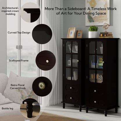 Black Tall Storage Cabinet with Glass Door & 2 Drawers