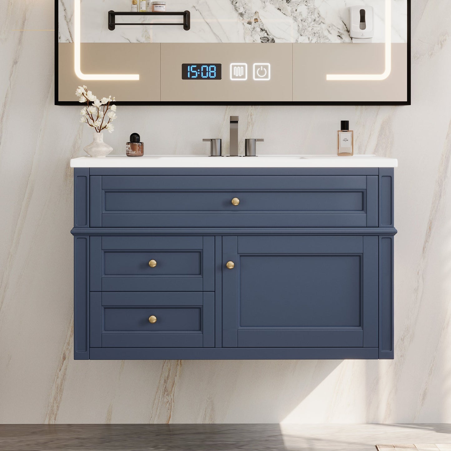 36" Wall Mounted Bathroom Vanity with Ceramic Sink and Storage