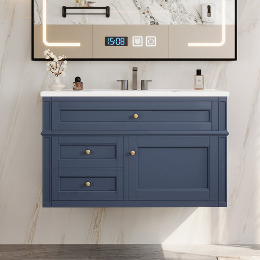 36" Wall Mounted Bathroom Vanity with Ceramic Sink and Storage