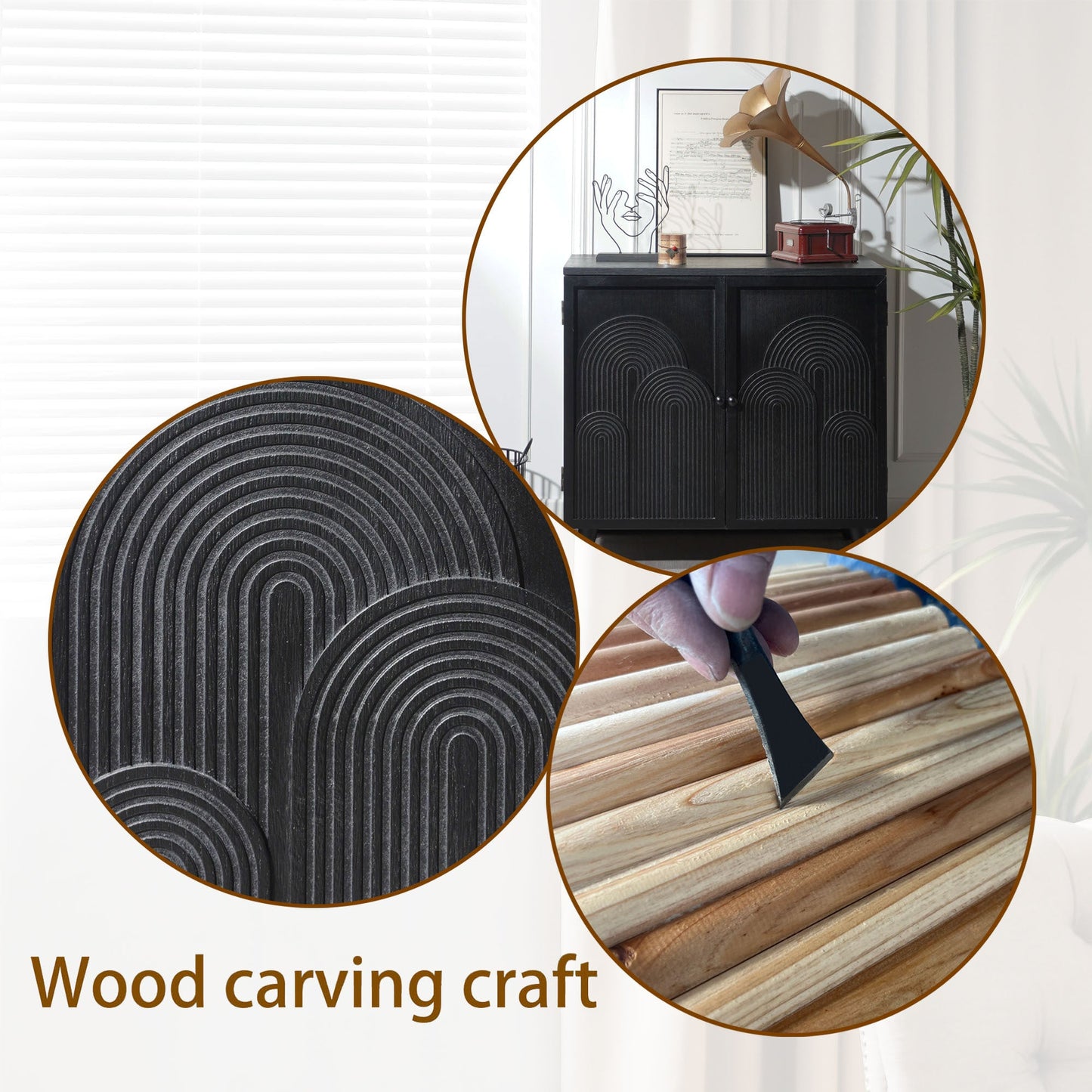 Modern Black Wood Storage Cabinet with Embossed Door