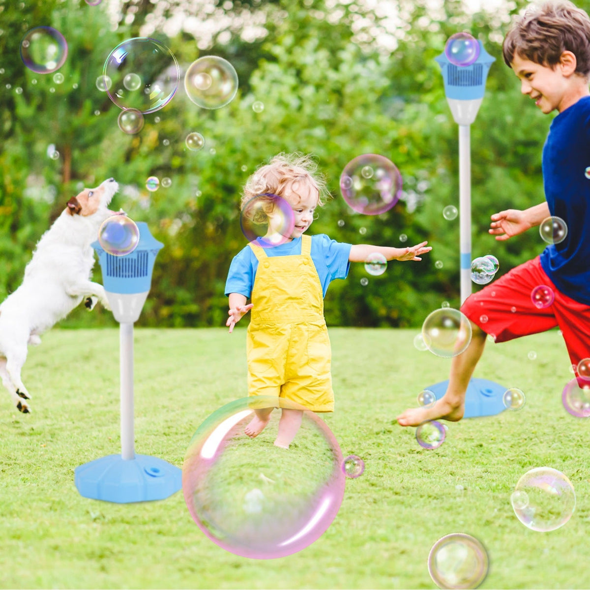 2Pack 3 In 1 Standing Bubble Machines with Colorful Lights and Music Rechargeable Bubble Maker Stands with 2 Modes 3 Adjustable Height for Party Weddi