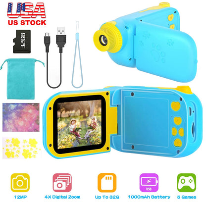 Kids Digital Camera Child Video Camera Children Camcorder Christmas Toy Birthday Gifts with 2.4in Screen 4X Digital Zoom 5 Games 32G MMC Card for 3-10