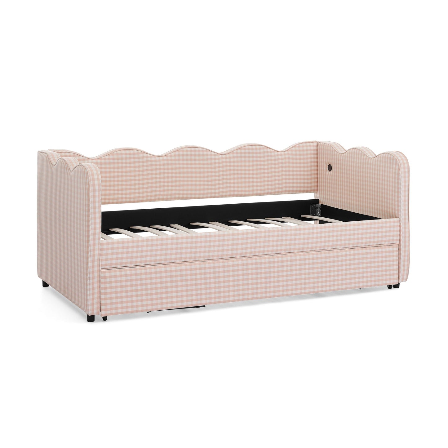 Gingham Daybed With USB Charging Port, Wave Shaped Design