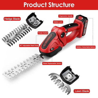 24V Cordless Handheld Grass Shear Hedge Trimmer with 90¡ Cutting Angle 2Pcs Replaceable Blades Electric Shrub Trimmer Hedge Cutter with Detachable Bat