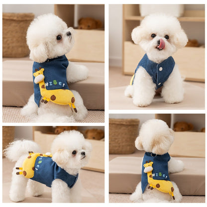 3D Deer Denim Pet Vest, Warm Fleece Lined Pullover For Small Dogs Cats, Winter Costume With Leash Hoo