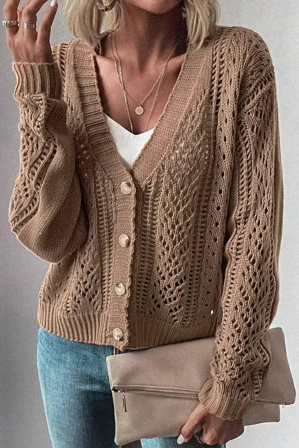 Dark Khaki Cardigan – Open Knit Drop Shoulder Sweater | Cotton-Acrylic Blend