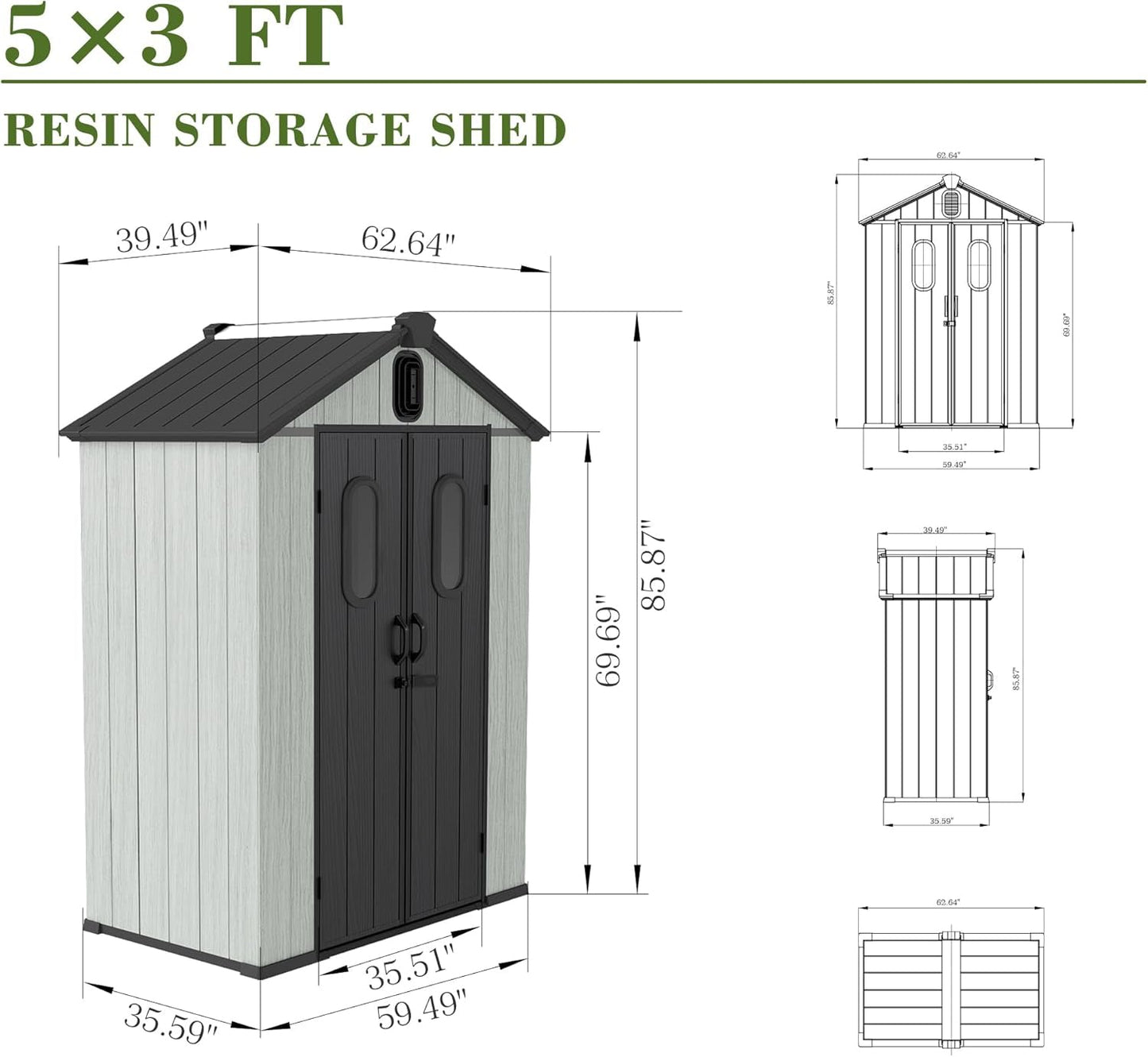 5x3FT Outdoor Resin Storage Shed with Transparent Windows & Louvered Vents