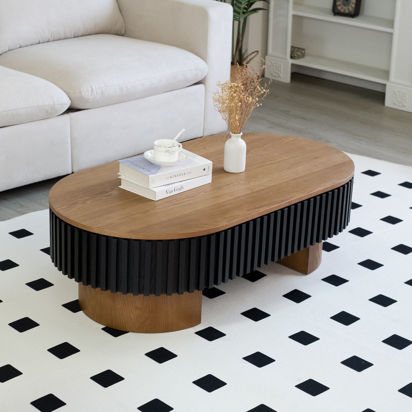 Elliptical Living Room Coffee Table With Hidden Storage And Removable Tabletop