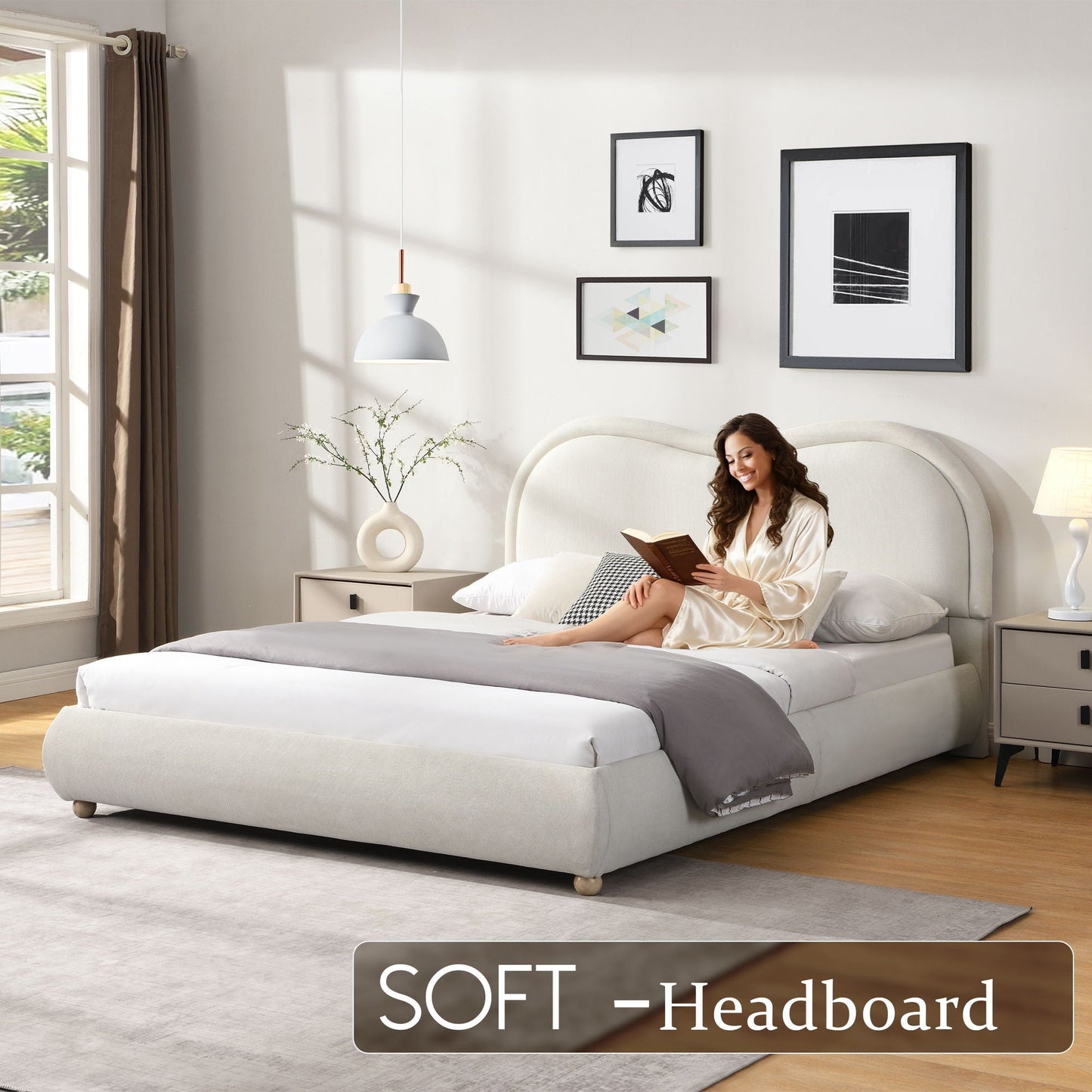 Upholstered Platform Bed Frame With Curved Headboard