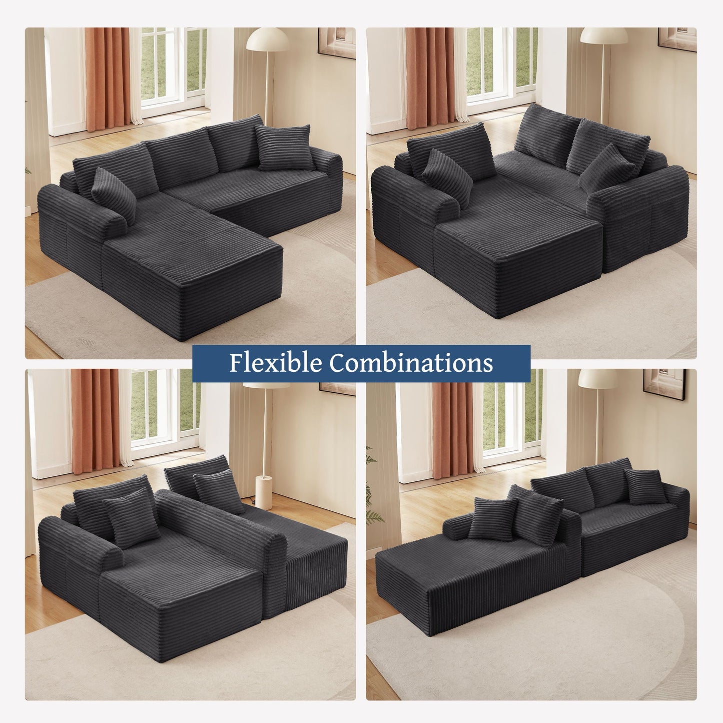 Modular Sectional With Arched Armrests, Includes 3 Back Cushions & 2 Throw Pillows