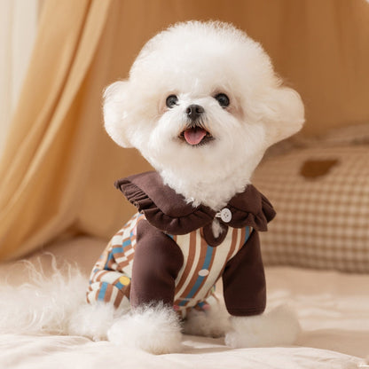 Cute Bear Patch Striped Pet Onesie, Ruffled Collar Dog Jumpsuit With Paw Print Detail For Small Dogs