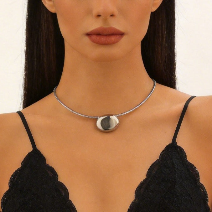 Smooth Oval Pendant Necklace Minimalist Magnetic Snake Bone Chain
