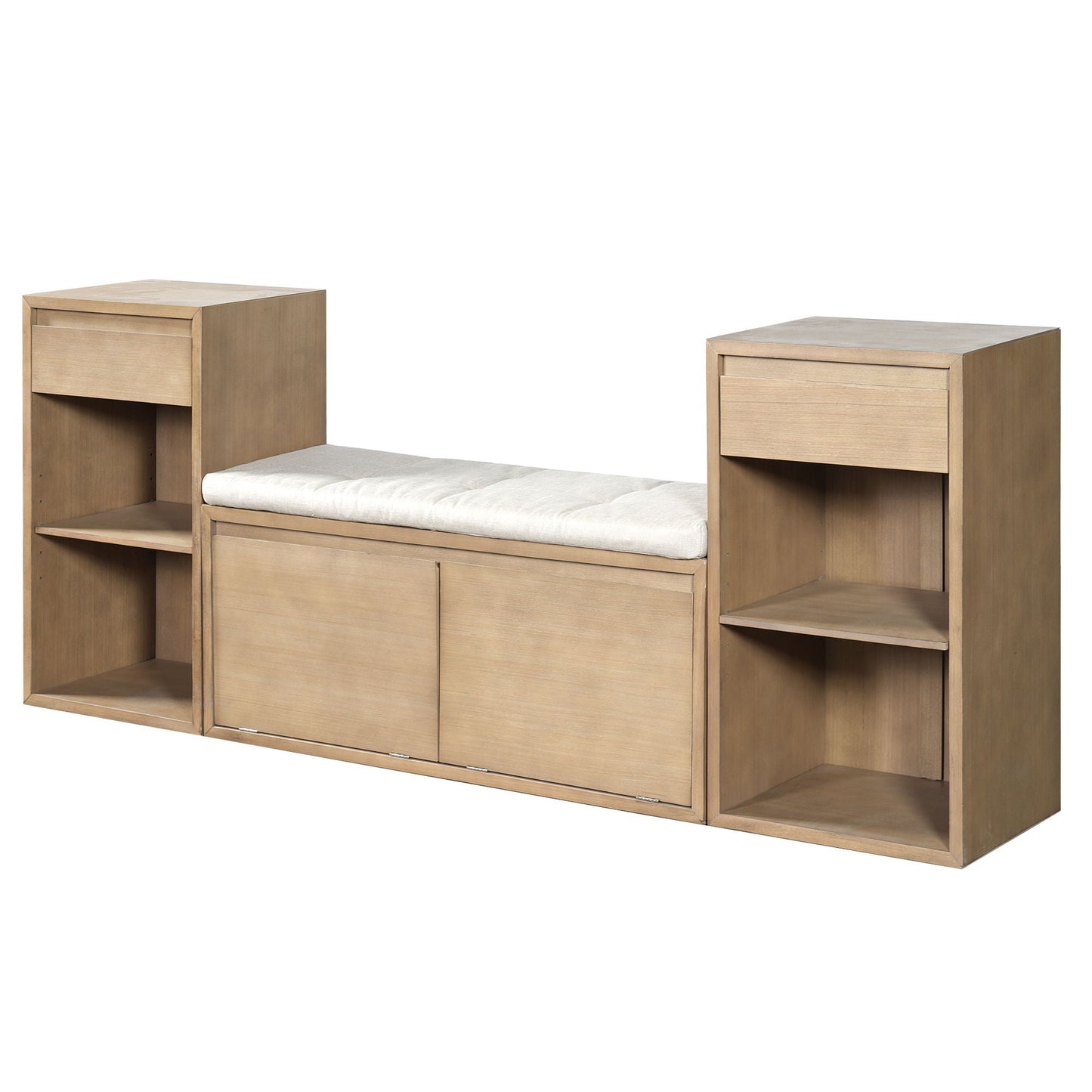 Entryway Storage Bench With Cushion, Drawers & Open Shelves