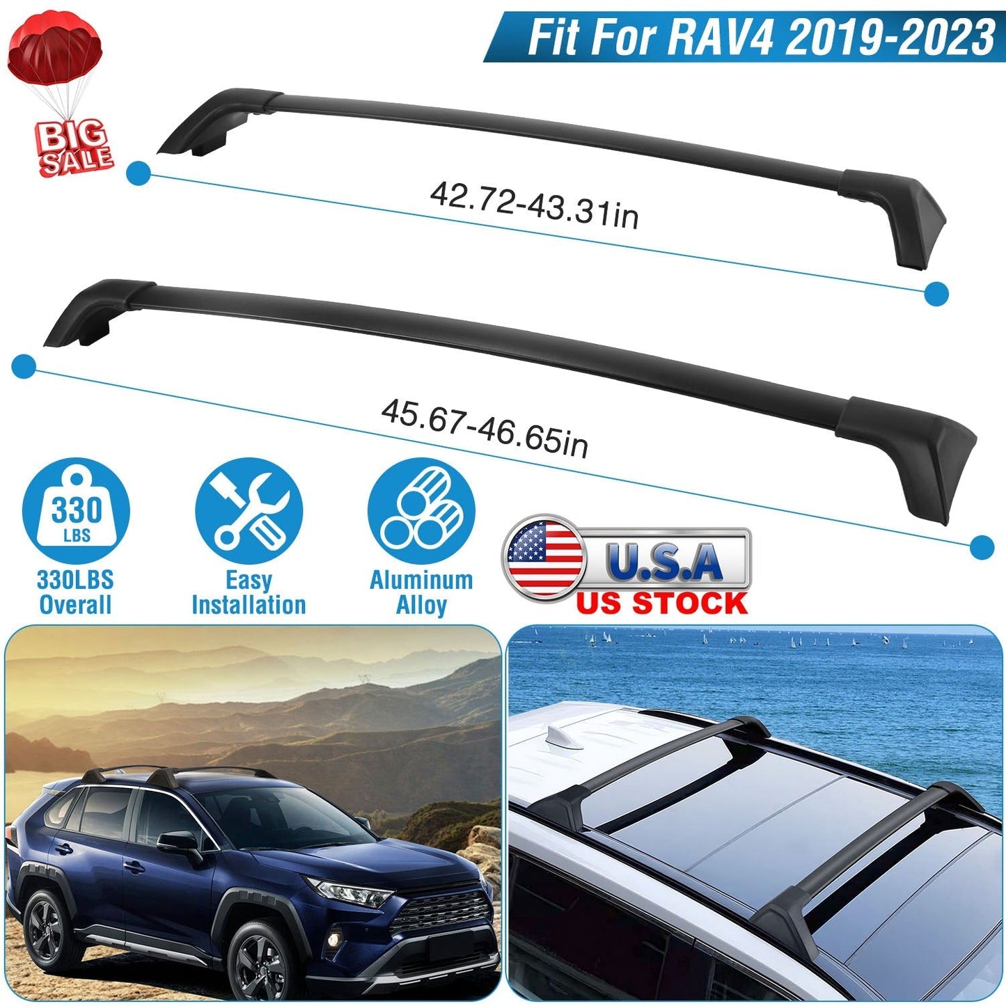 Car Roof Rack Cross Bars Aluminum Alloy Cargo Carrier Rooftop Crossbars Fit for Toyota RAV4 2019-2024 with Side Rails for Cargo Carrier Bag Kayak Bike