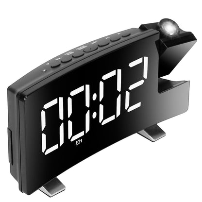 Projection Alarm Clock with Radio Function 7.7In Curved-Screen LED Digital Alarm Clock w/ Dual Alarms 4 Dimmer 12/24 Hour USB Charging Port 180¡ Rotat