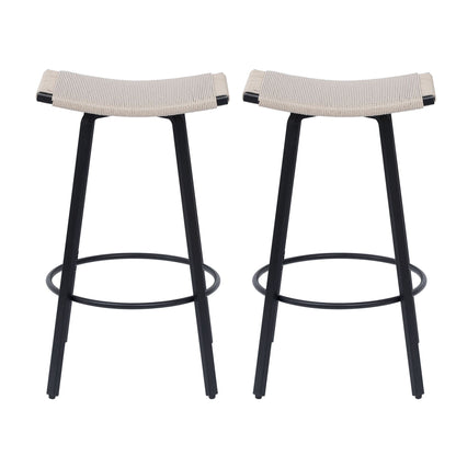 Counter Height Bar Stools Backless Handwoven Kitchen Dining Chairs With Round Footrest (Set of 2) Weaving Pub Stoo - Creamy White