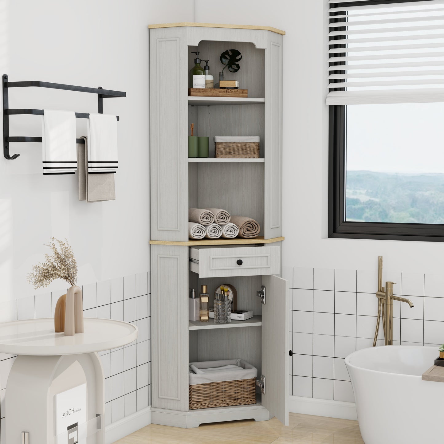 68" Tall Corner Cabinet with Door, Drawer, and Adjustable Shelf
