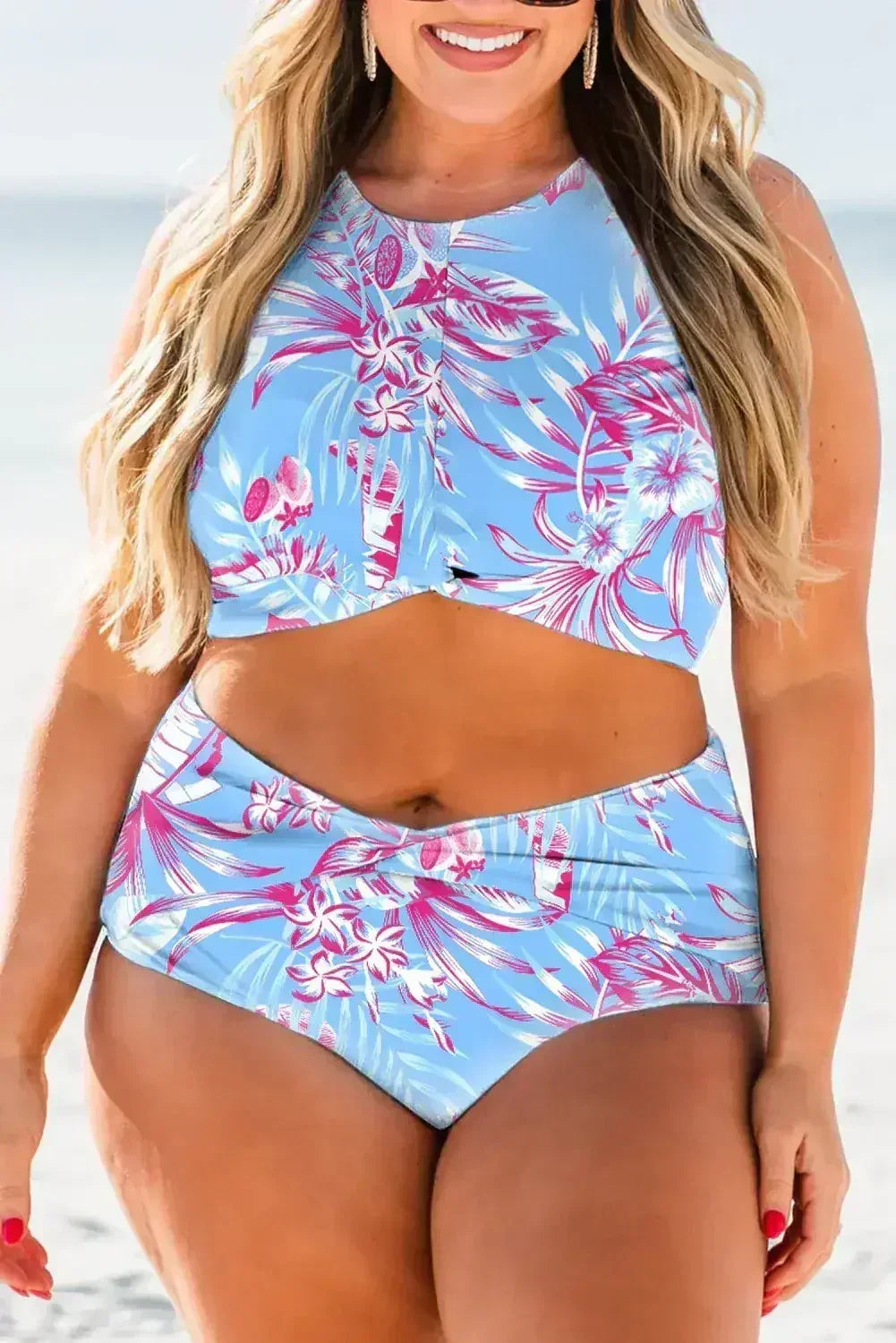Rose Plus Size Floral Print Twisted High Waist Bikini Set