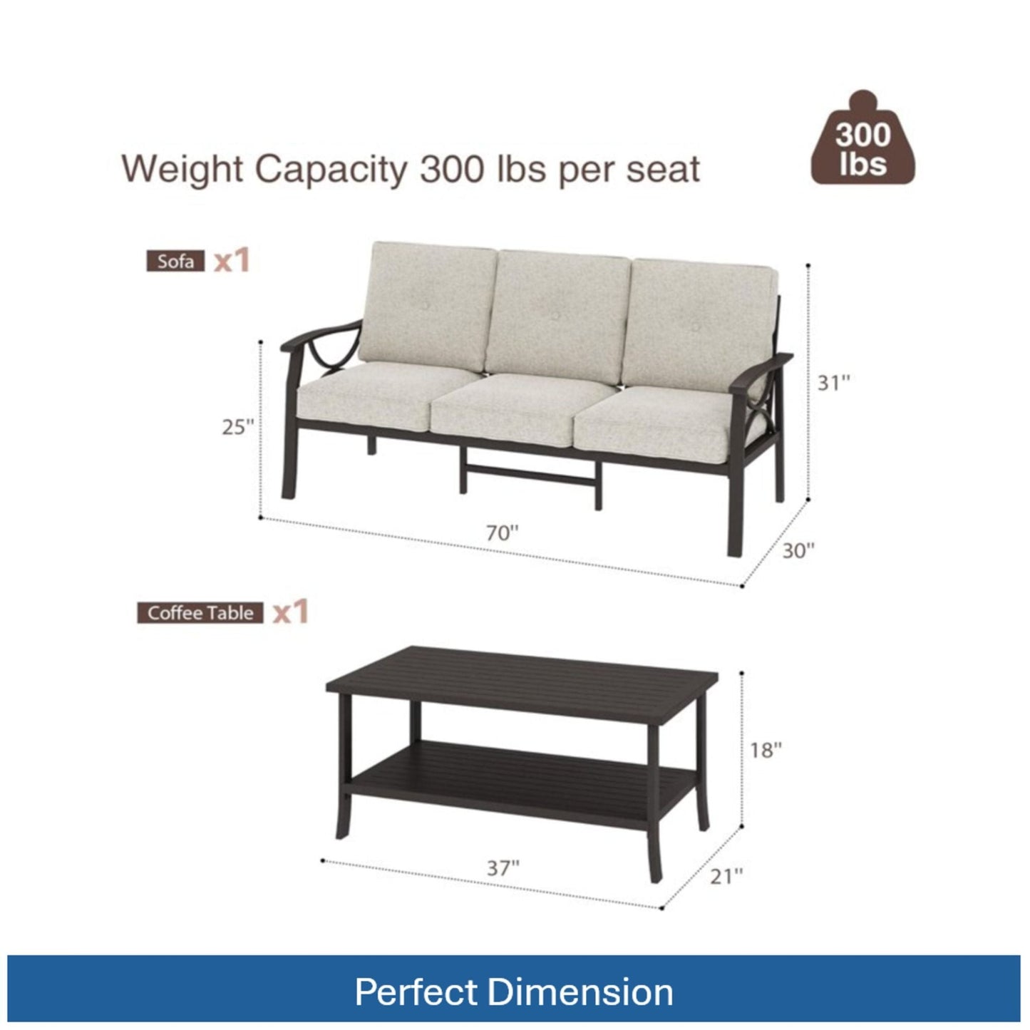 Patio Furniture Set with Coffee Table and Cushions for Backyard