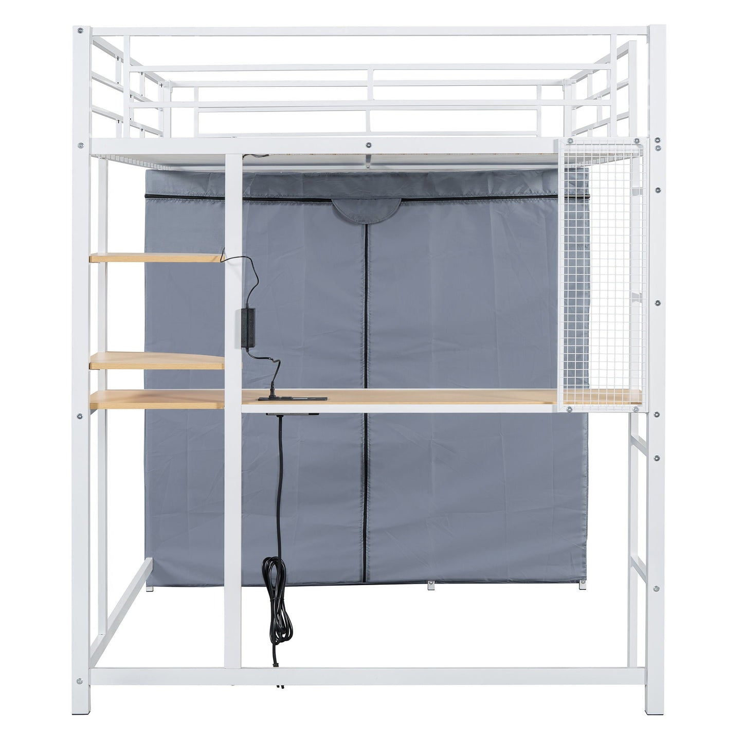 Loft Bed With Desk, Shelves, Power Outlet, LED Light And Wardrobe