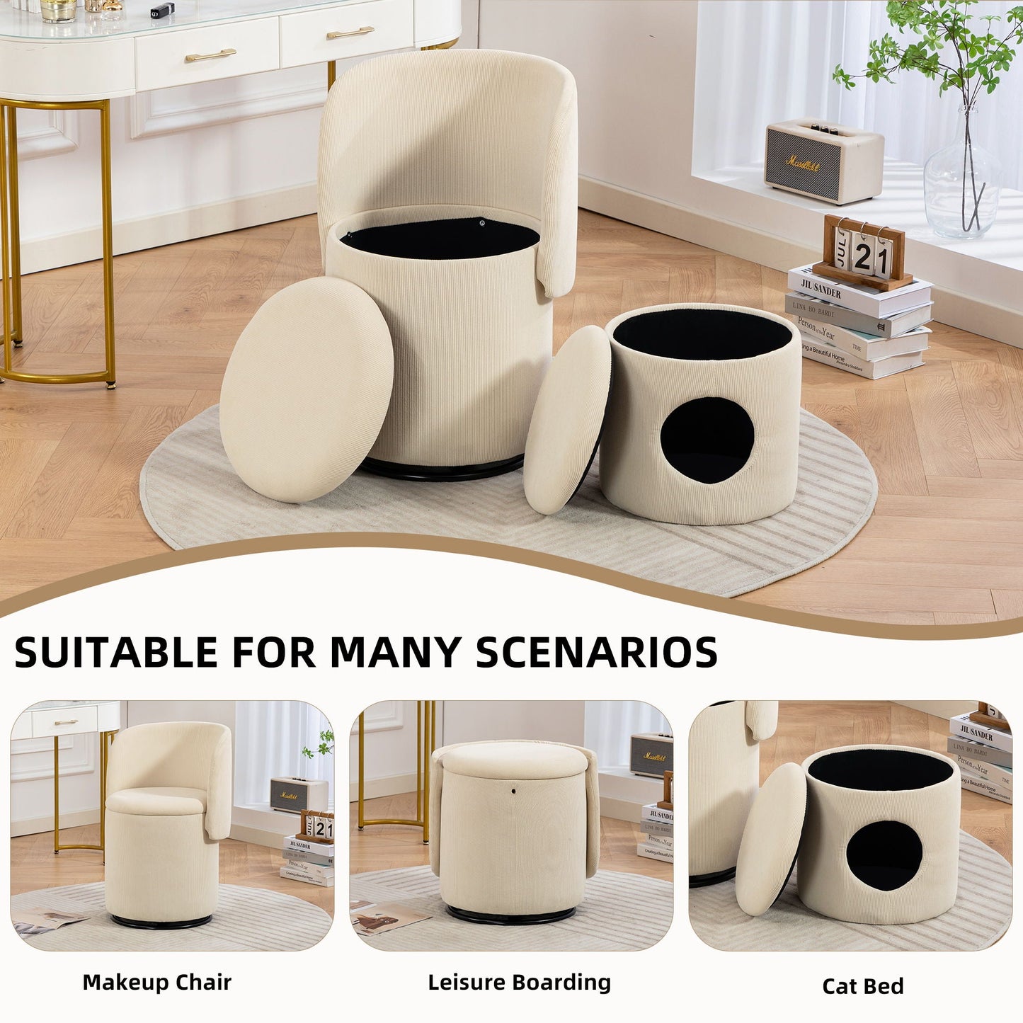 Barrel Chair, Built In Storage, 360° Swivel - Beige